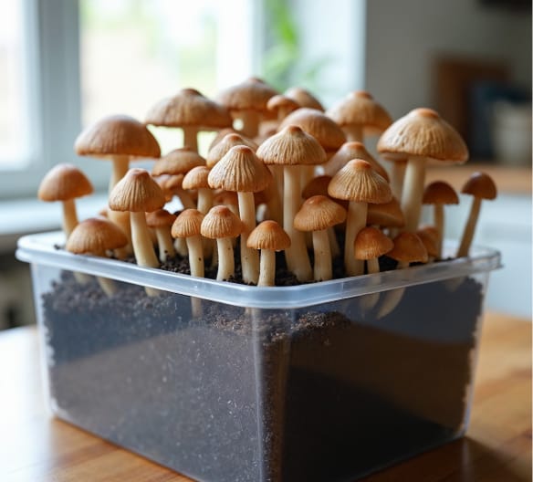 A container filled with mushrooms growing on a wooden table, showcasing their natural texture and earthy colors.