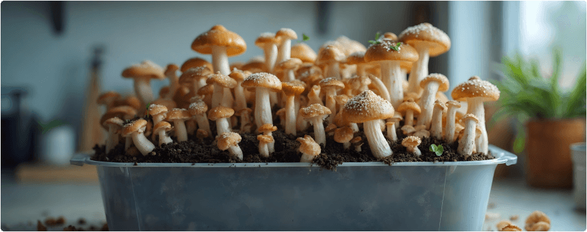 A container filled with various mushrooms, illustrating their growth and diversity in a controlled environment.